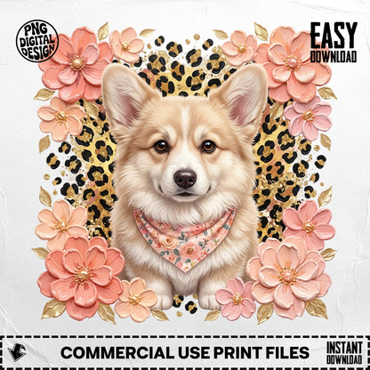 Corgi wearing bandana, surrounded by peach flowers and leopard print.