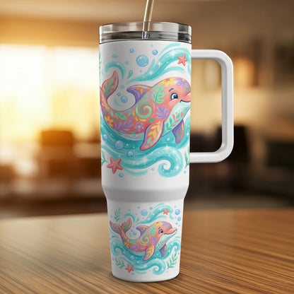 White tumbler with colorful dolphins, starfish, and waves.