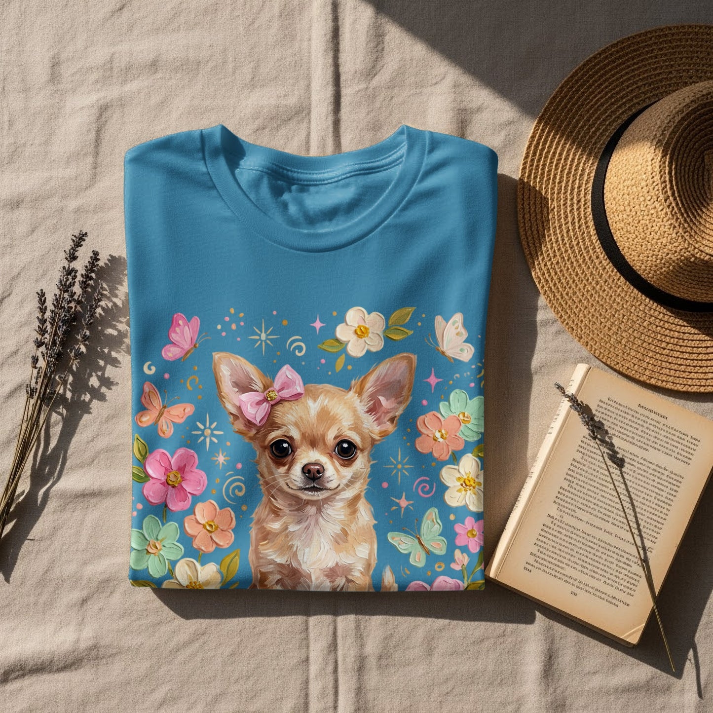 Blue t-shirt with a chihuahua graphic, pink bow, and floral border.