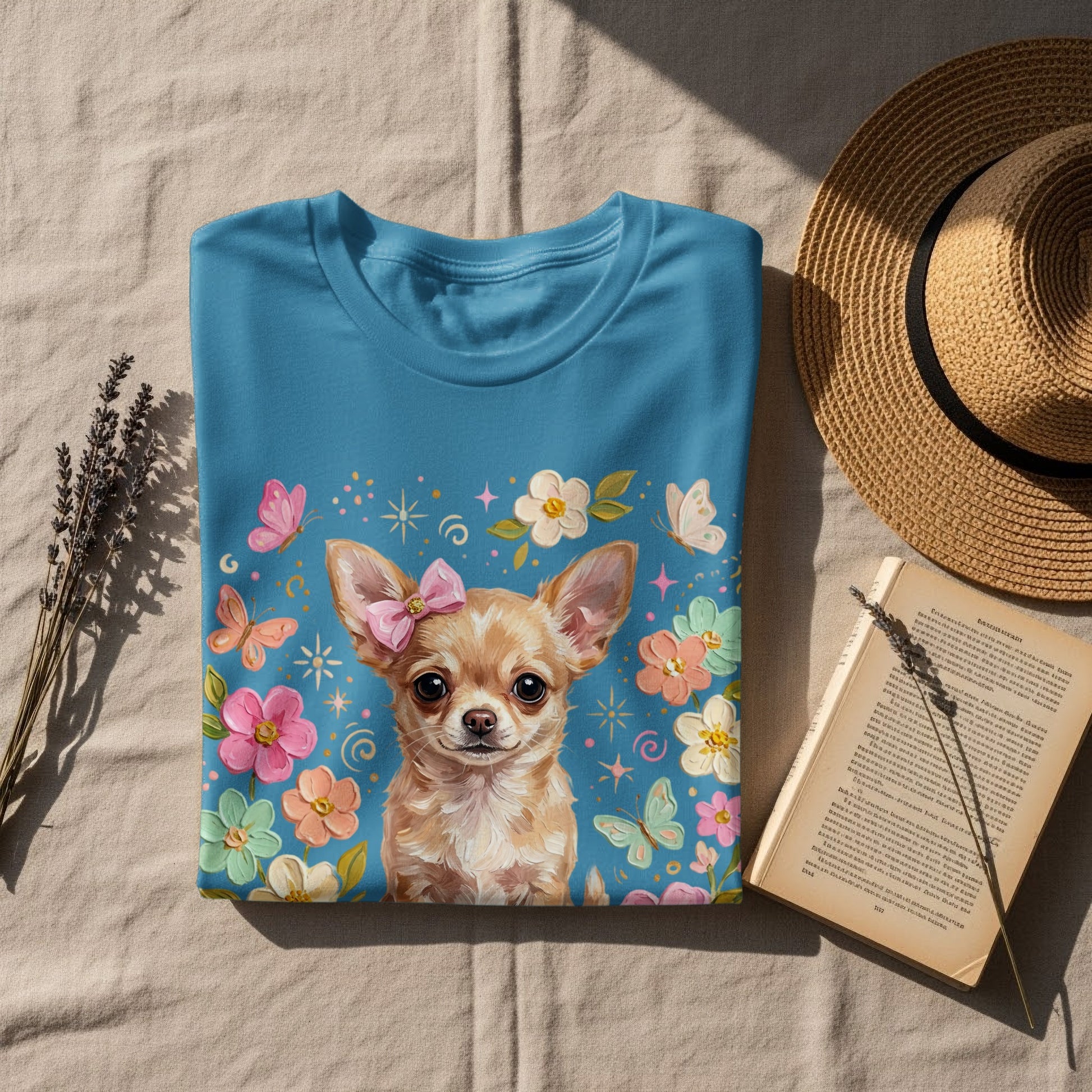 Blue t-shirt with a chihuahua graphic, pink bow, and floral border.