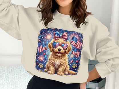 Golden doodle wearing sunglasses and bow, with fireworks and American flags.