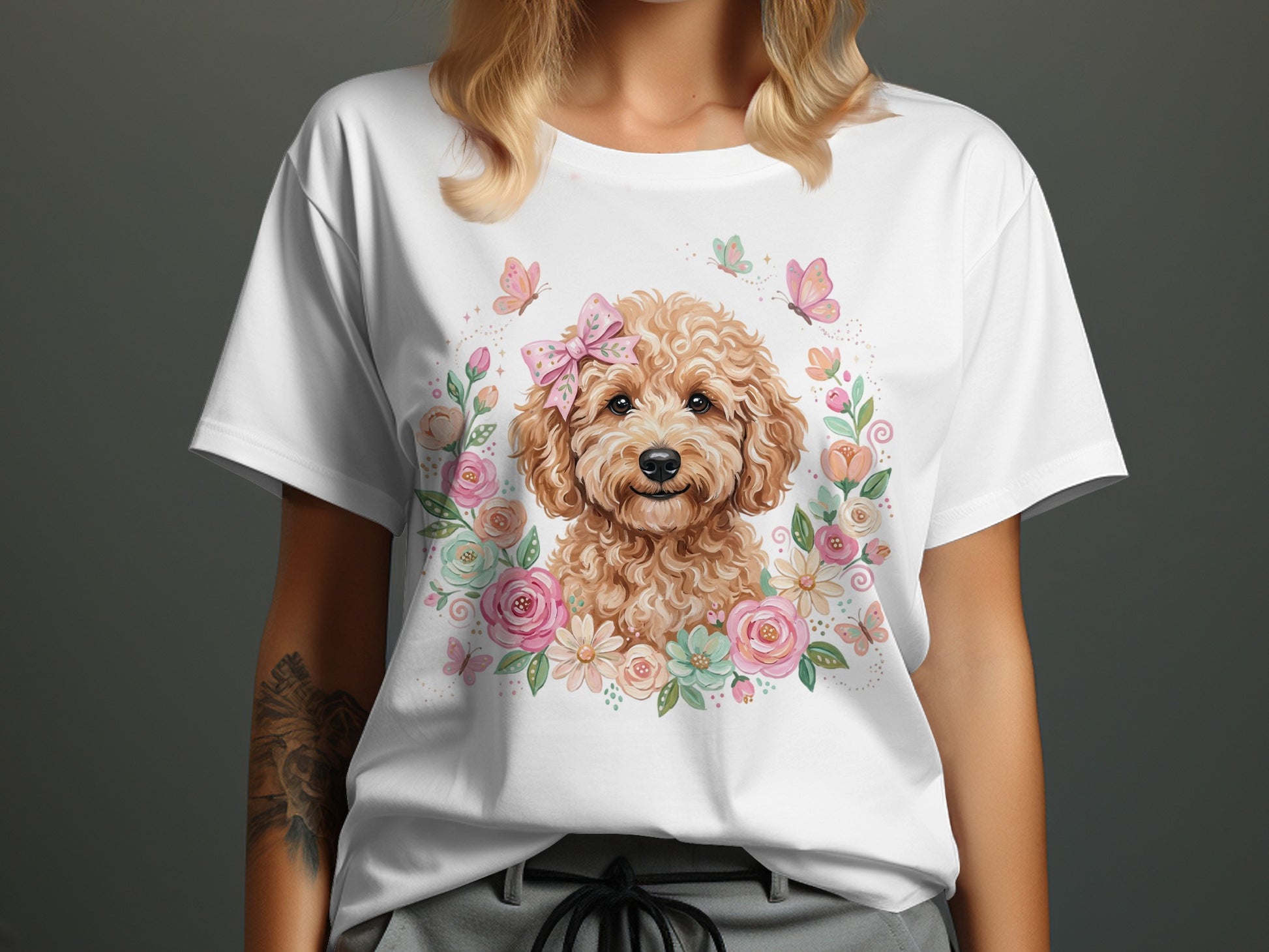 White t-shirt with a smiling poodle wearing a pink bow, surrounded by flowers and butterflies.