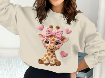 Giraffe with pink bow and glasses on a cream sweatshirt.