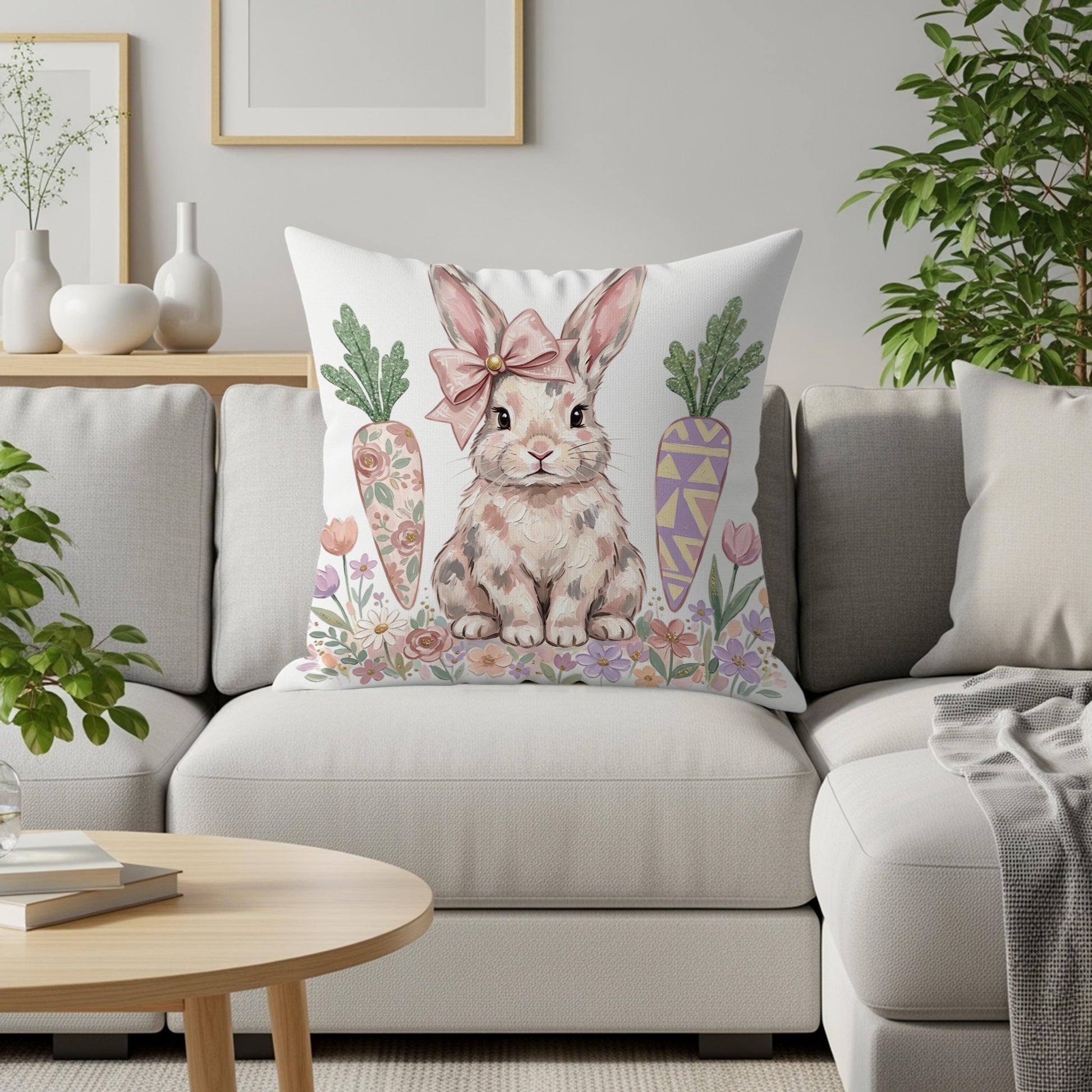 Bunny wearing a pink bow sits on a couch with carrots and flowers.