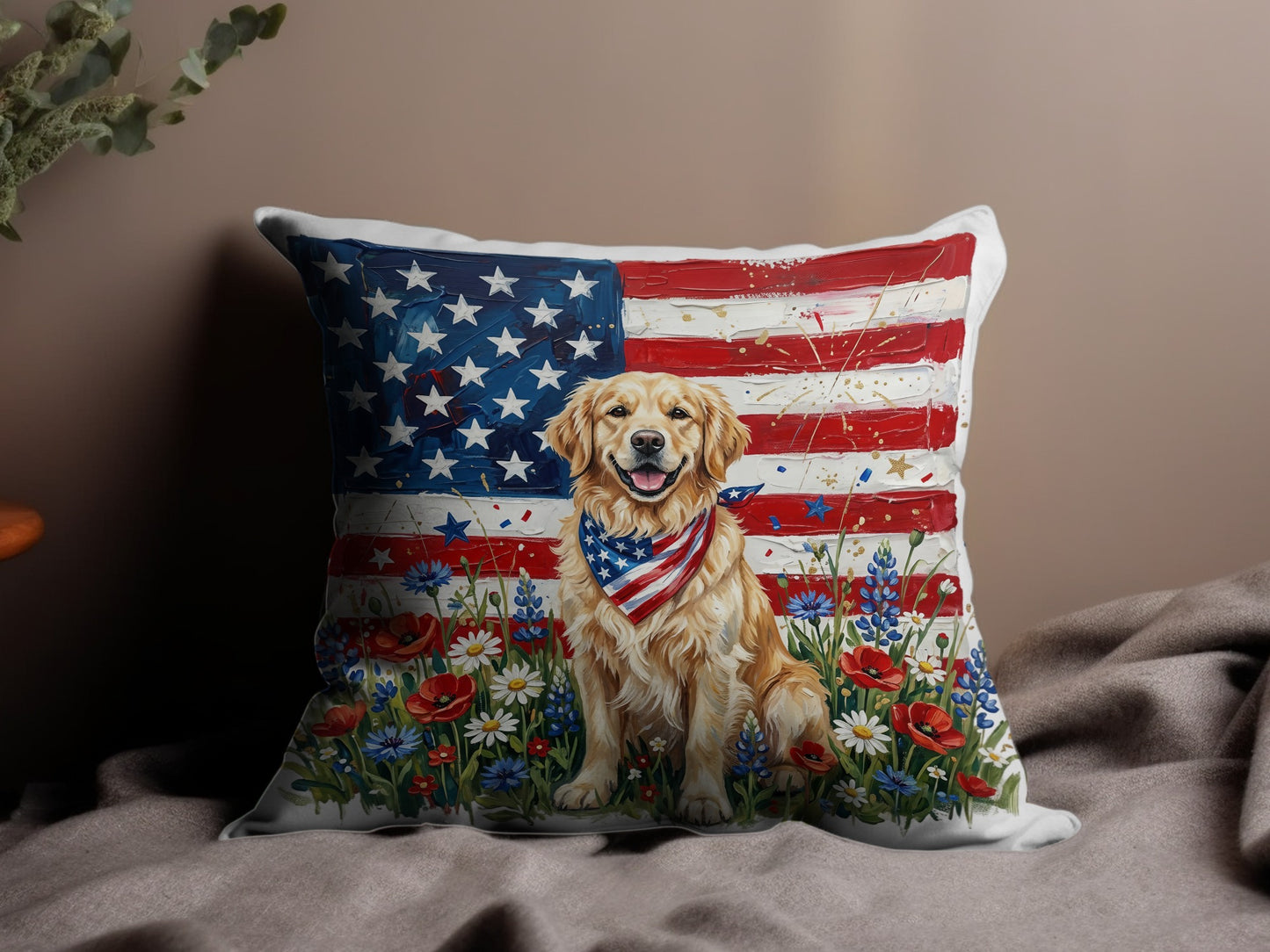 Golden retriever wearing a bandana sits in a field of flowers with an American flag background.