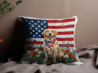 Golden retriever wearing a bandana sits in a field of flowers with an American flag background.