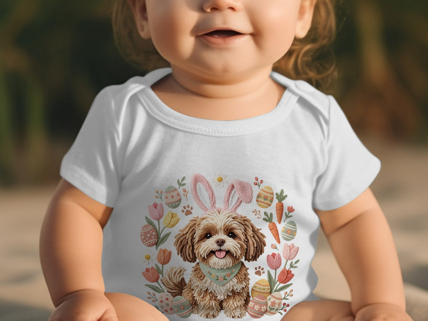 Baby in white bodysuit with Easter bunny ears, dog, carrots, and tulips graphic.