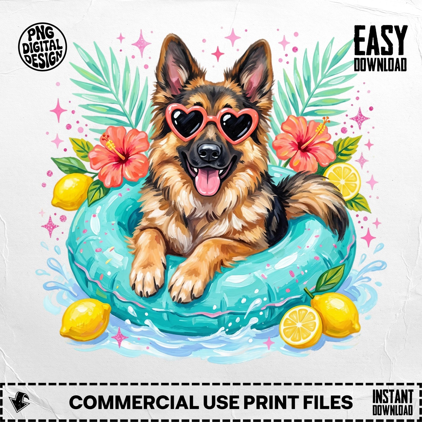 German Shepherd wearing heart sunglasses in a pool float with lemons and hibiscus flowers.