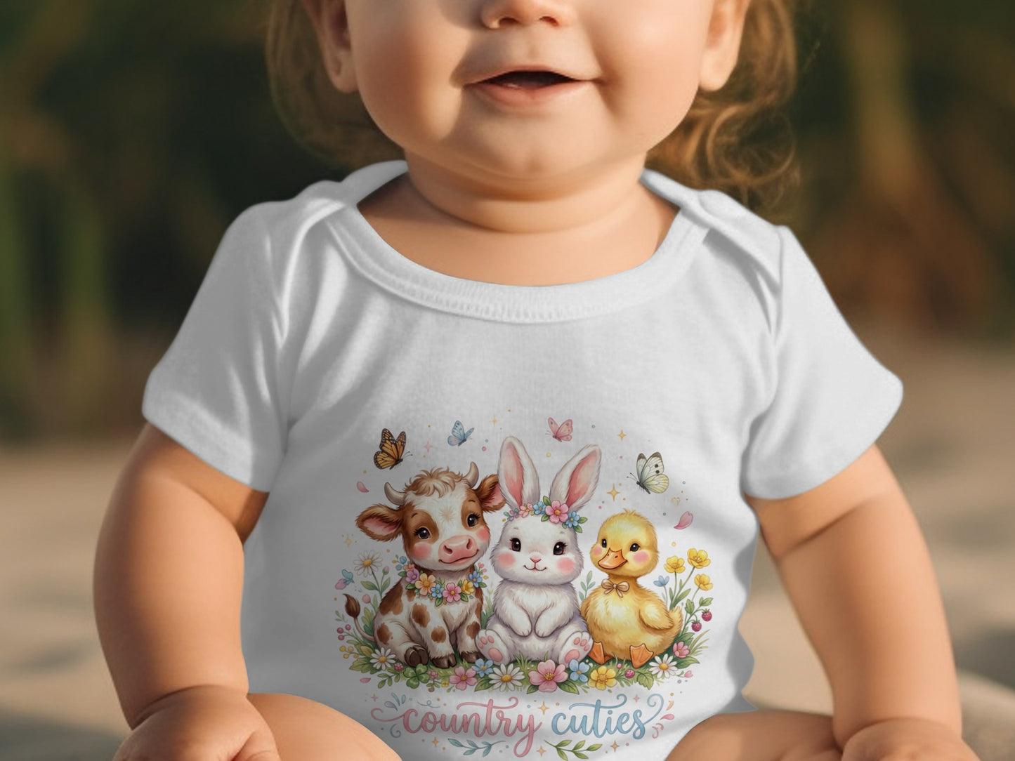 Baby wearing white bodysuit with "country cuties" text and cartoon cow, rabbit, and duck.