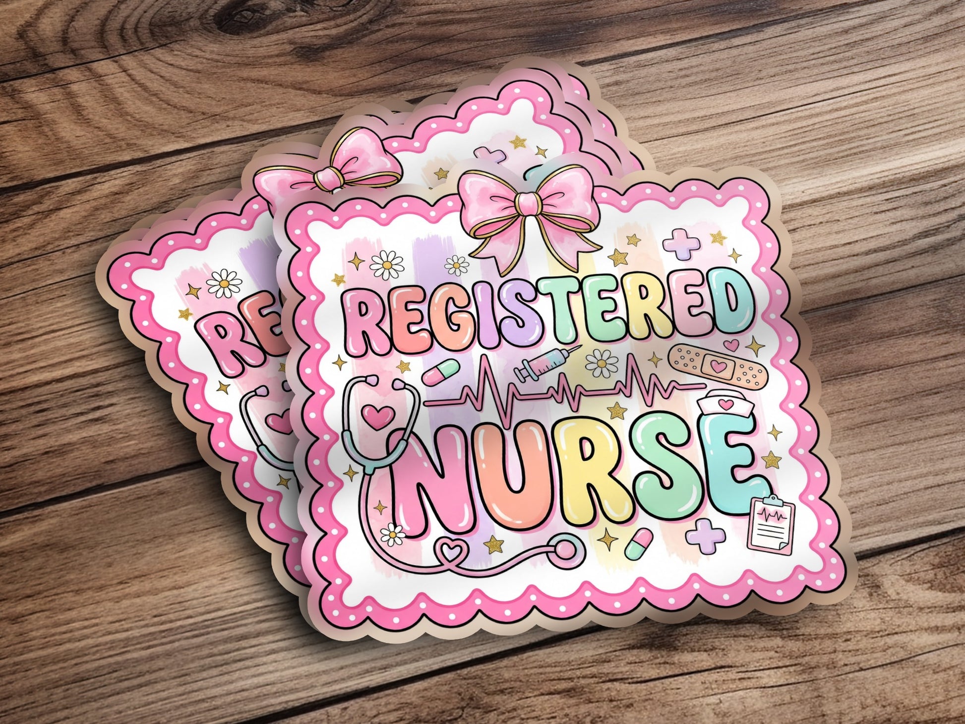 Registered Nurse badge with stethoscope, heartbeat, and medical icons.