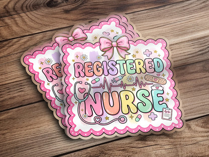 Registered Nurse badge with stethoscope, heartbeat, and medical icons.