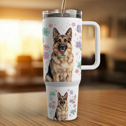 German Shepherd pattern on insulated tumbler with handle.