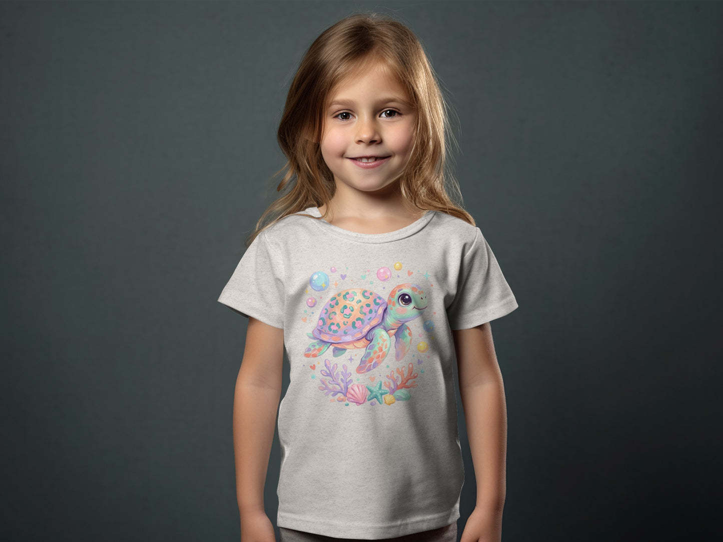Girl in gray t-shirt with a cartoon sea turtle and coral graphic.