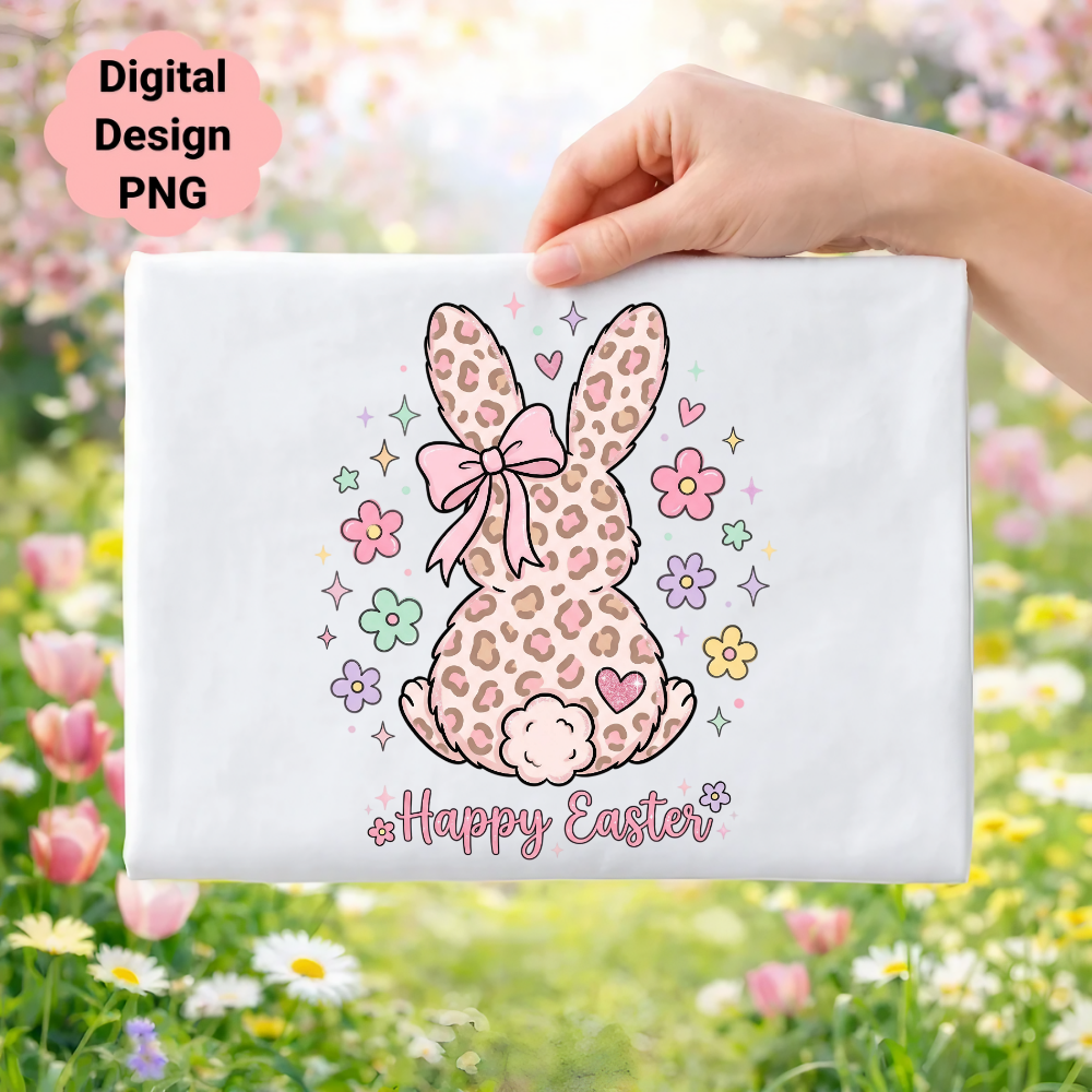 Easter bunny with leopard print, pink bow, and flowers. Happy Easter text.