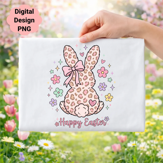 Easter bunny with leopard print, pink bow, and flowers. Happy Easter text.