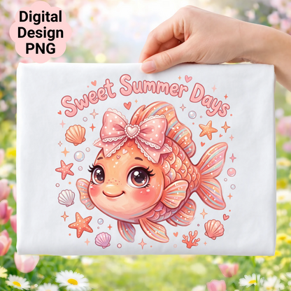Cute cartoon goldfish with bow, "Sweet Summer Days" text.