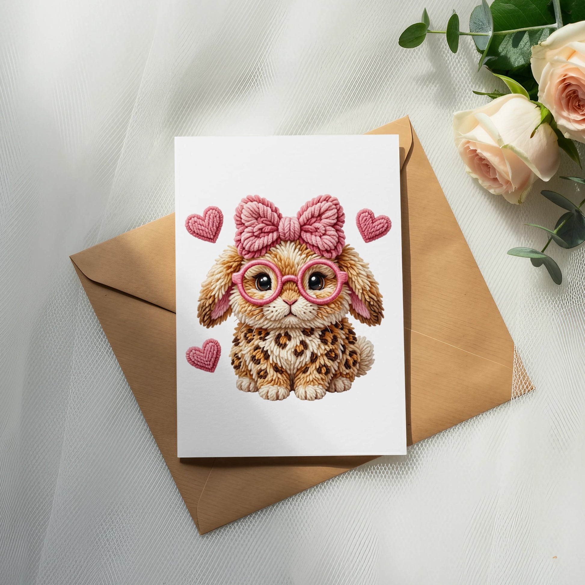 Card with a cute puppy wearing glasses and a pink bow, surrounded by hearts.