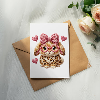 Card with a cute puppy wearing glasses and a pink bow, surrounded by hearts.