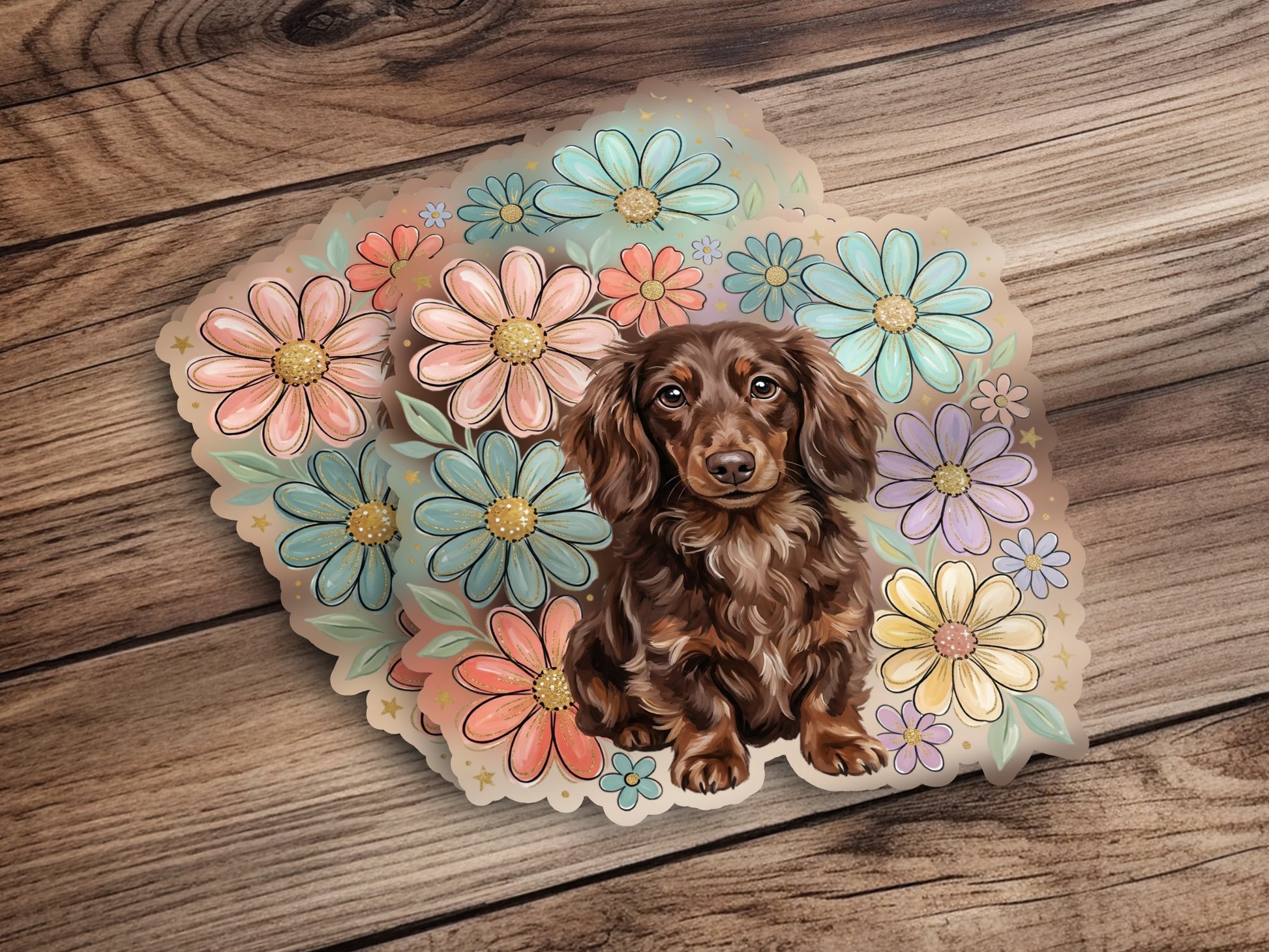 Dachshund puppy surrounded by colorful flowers.
