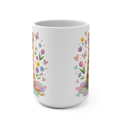 White mug with a cartoon fox and colorful flowers and butterflies.
