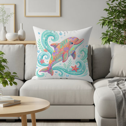 Colorful dolphin illustration on a decorative pillow on a sofa.