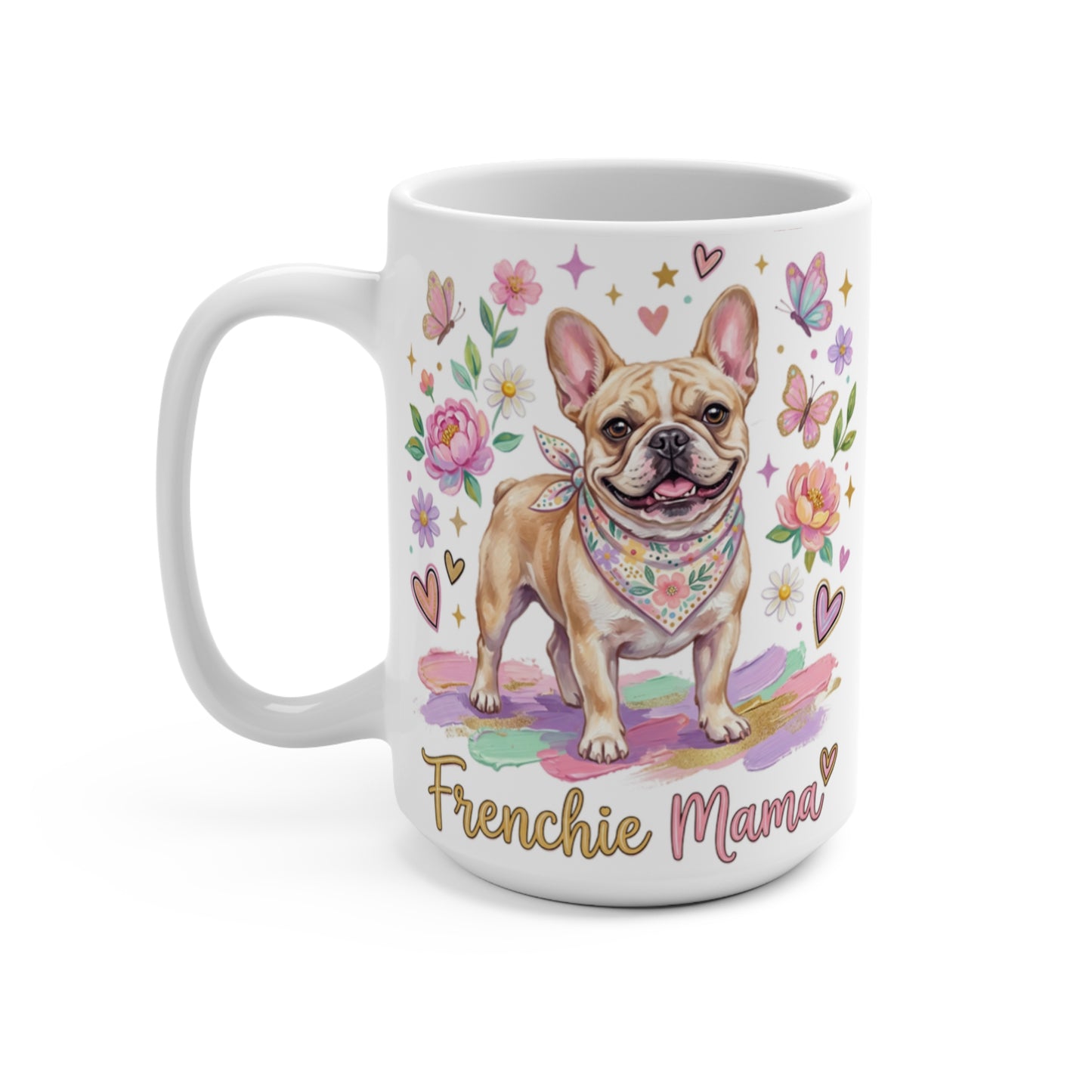 Frenchie Mama mug with a French bulldog wearing a bandana and colorful floral accents.