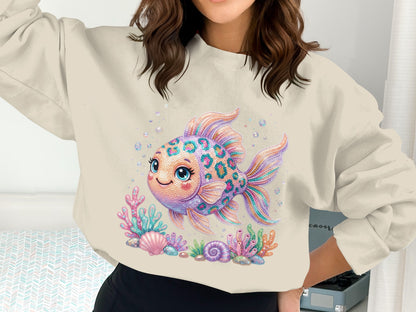 Sweatshirt with a colorful cartoon fish and coral.