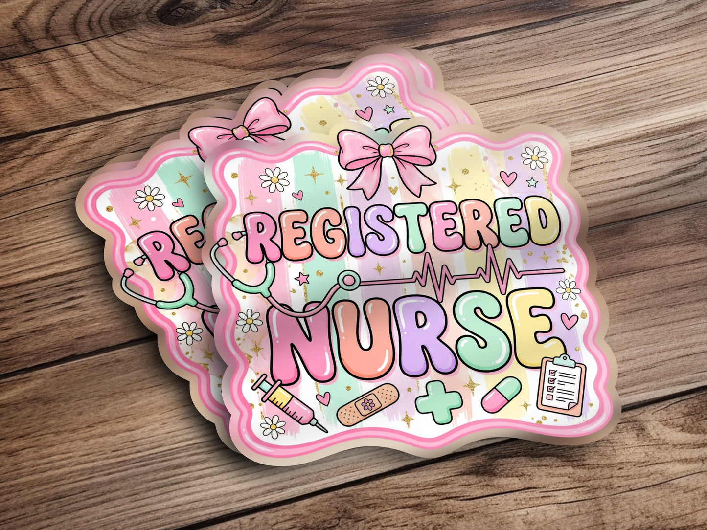 Registered Nurse graphic with stethoscope, syringe, and pastel heart and star accents.