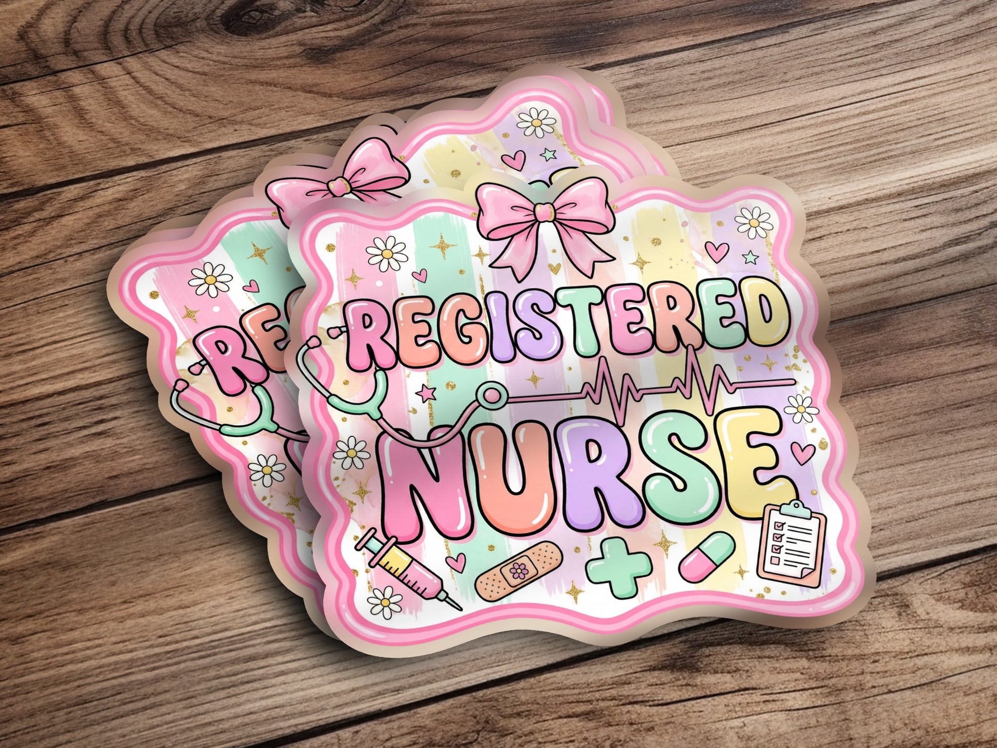 Registered Nurse graphic with stethoscope, syringe, and pastel heart and star accents.