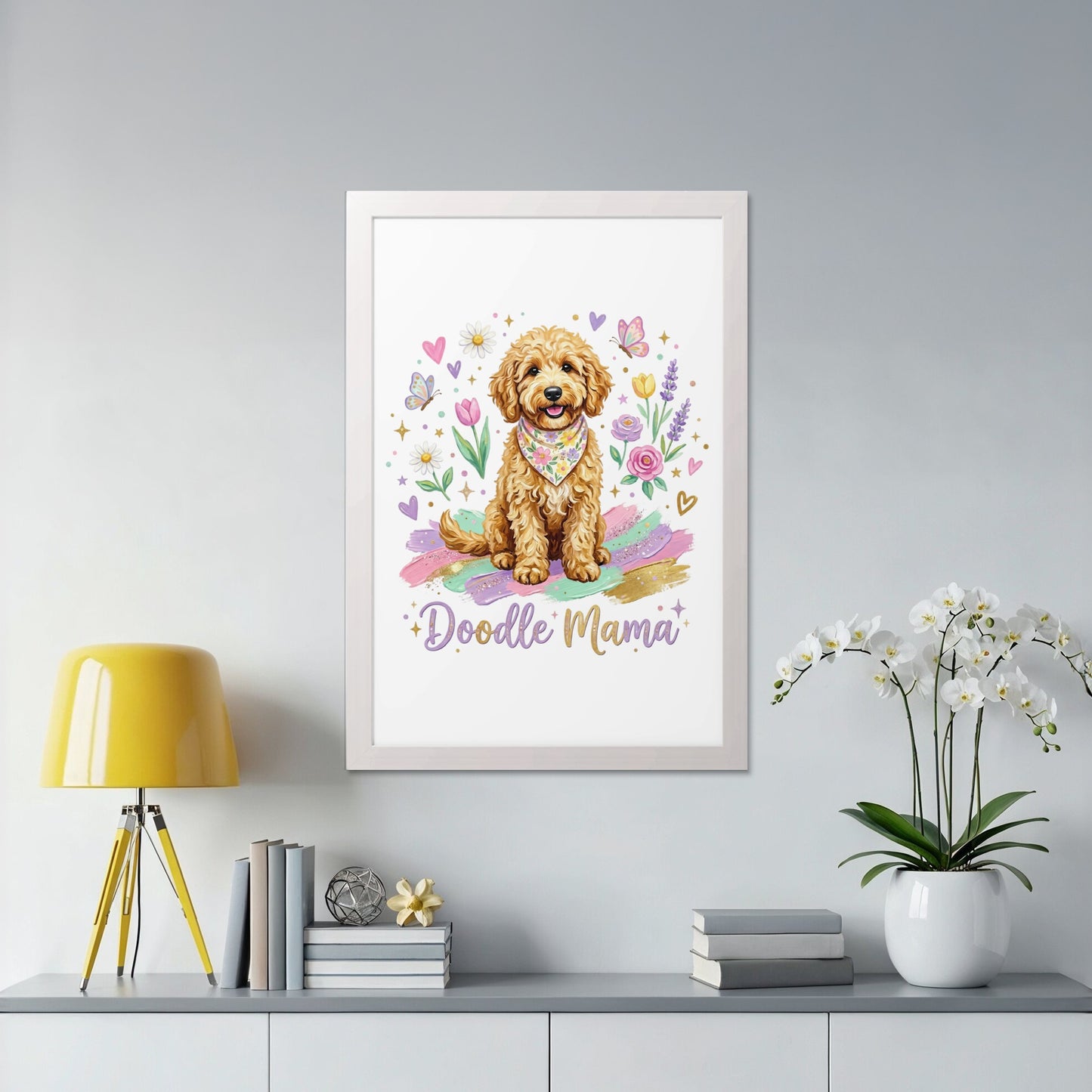 Doodle Mama art with a goldendoodle and colorful hearts and flowers.