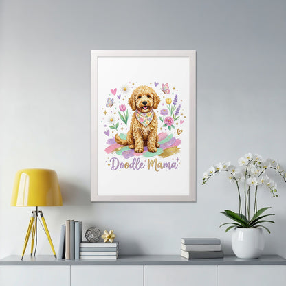 Doodle Mama art with a goldendoodle and colorful hearts and flowers.