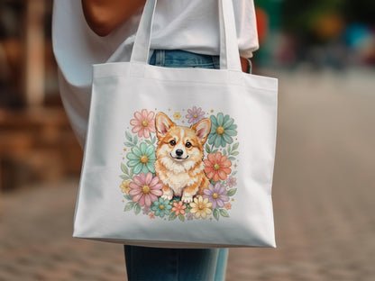 White tote bag with corgi and pastel flowers design.