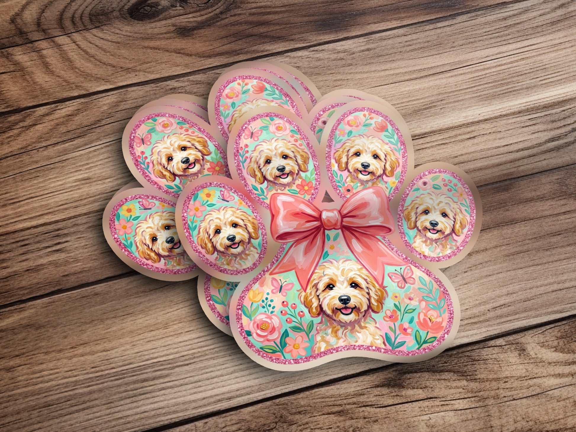 Paw print shaped embellishments with a dog and floral design.
