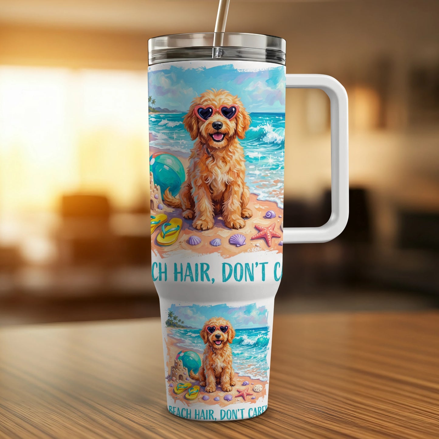 Dog in heart sunglasses on beach, text "Beach Hair, Don't Care".