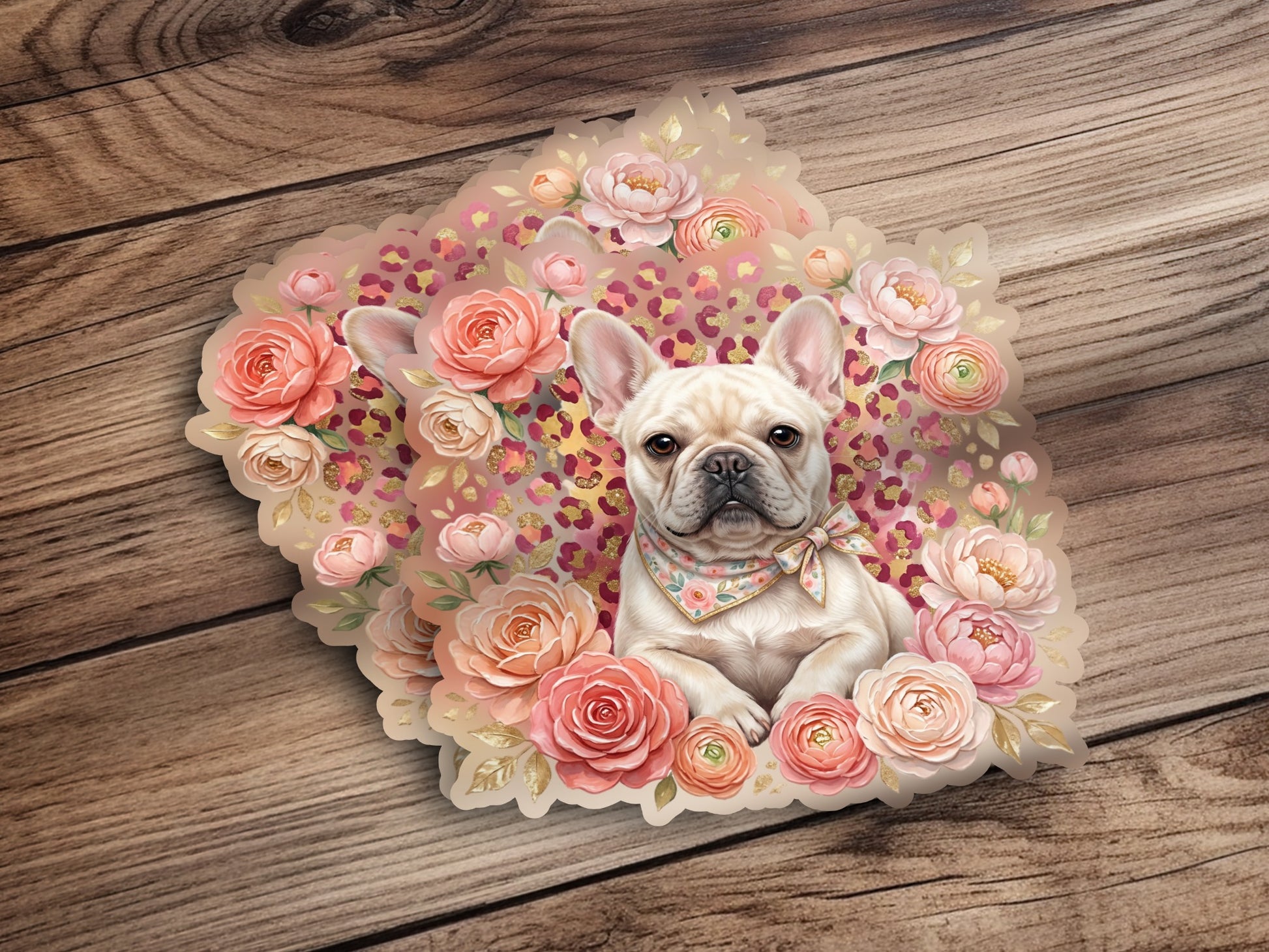 French bulldog wearing a bandana surrounded by floral elements.