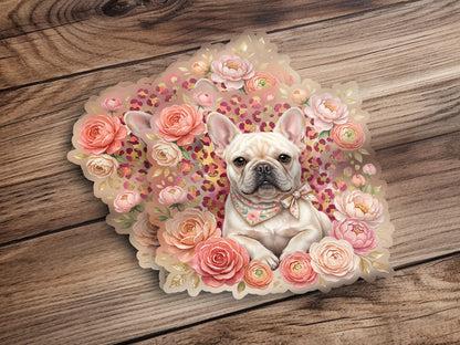 French bulldog wearing a bandana surrounded by floral elements.