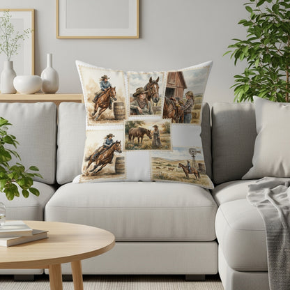 Cushion with postage stamp-style images of people riding horses and farm scenes.