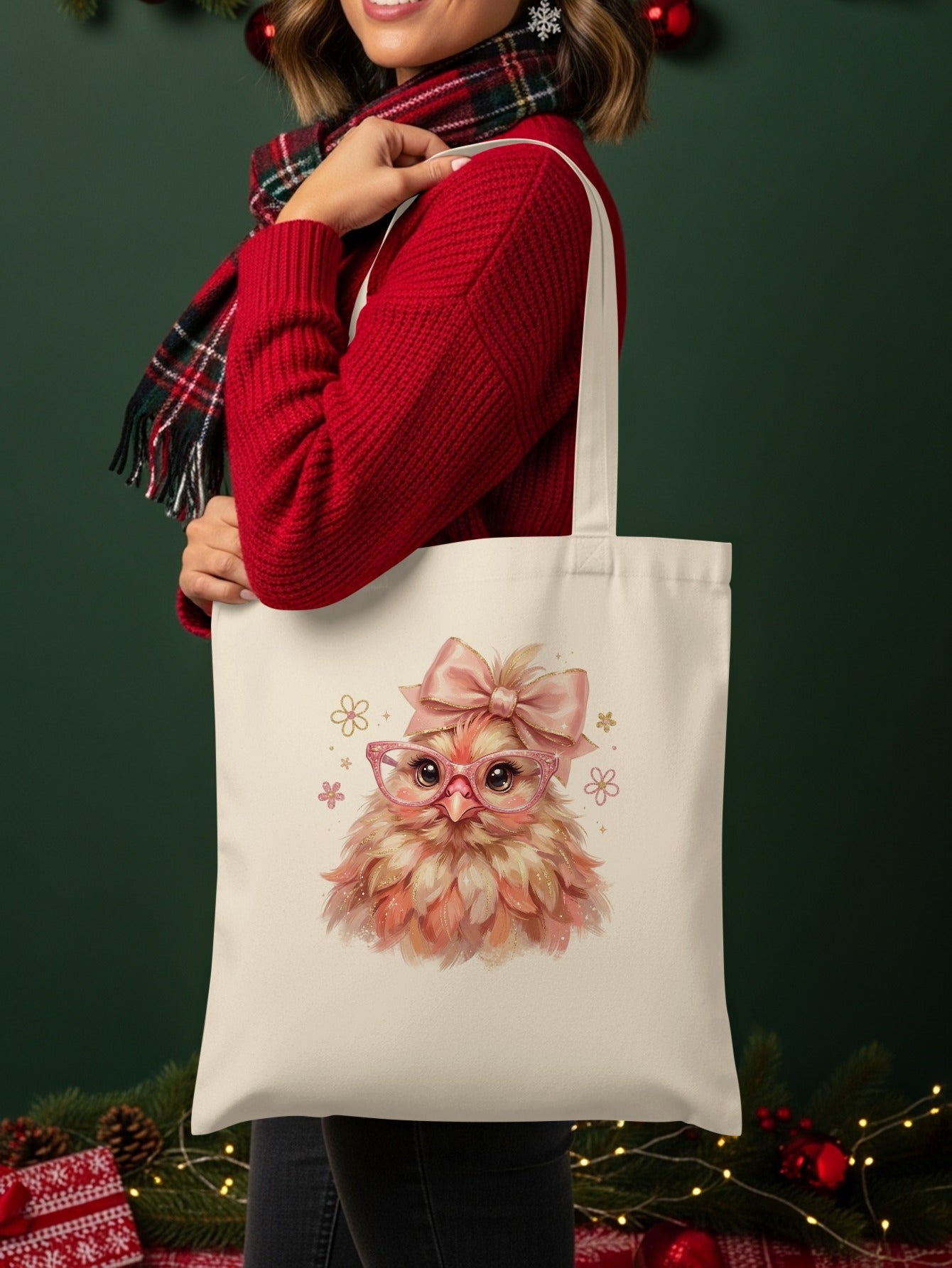 Cream tote bag with pink owl illustration wearing glasses and bow.