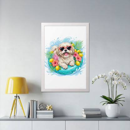 Shih Tzu dog wearing heart-shaped sunglasses floats in a pool tube.