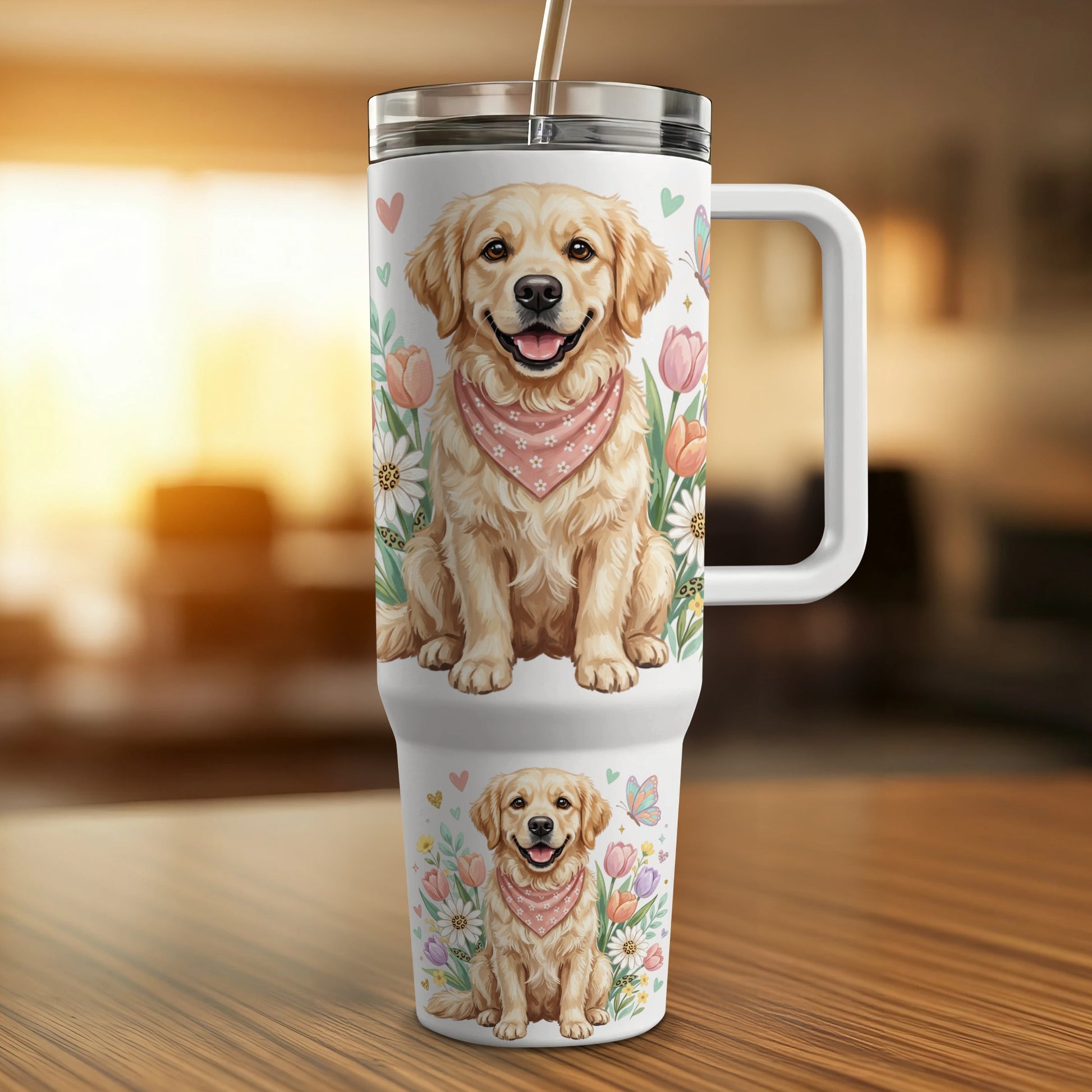 Golden retriever with bandana, surrounded by flowers and butterflies, on a travel tumbler.