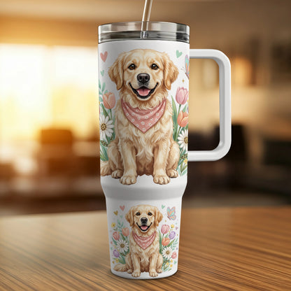 Golden retriever with bandana, surrounded by flowers and butterflies, on a travel tumbler.