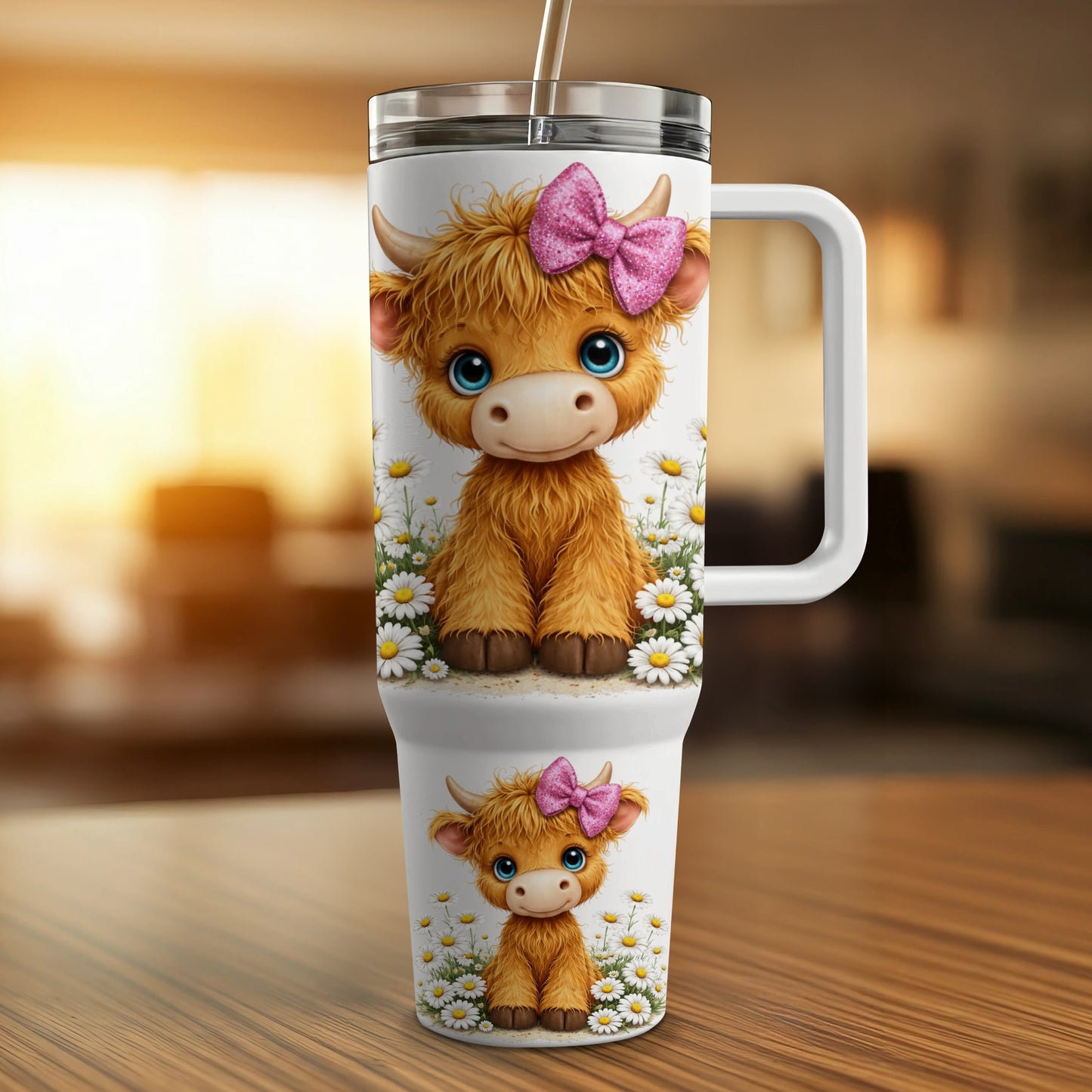 Cute Highland cow with pink bow on white tumbler with daisies.