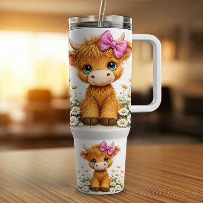 Cute Highland cow with pink bow on white tumbler with daisies.
