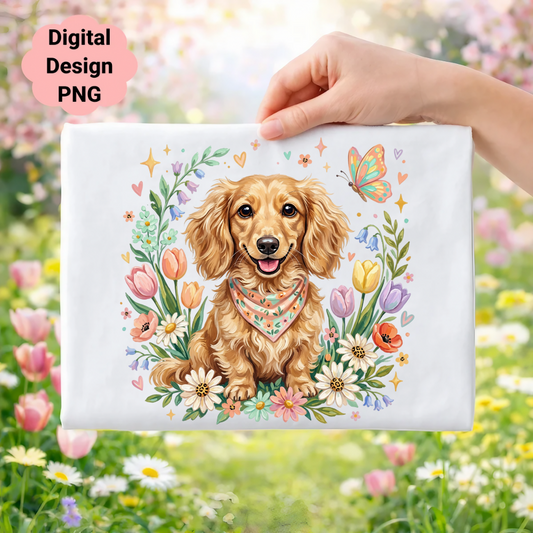 Dachshund with bandana surrounded by flowers and a butterfly.