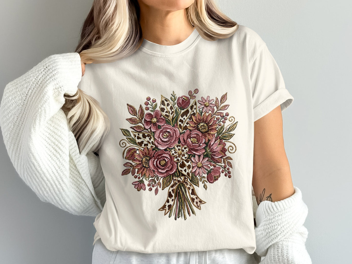 T-shirt with a watercolor floral bouquet featuring pink and burgundy roses.