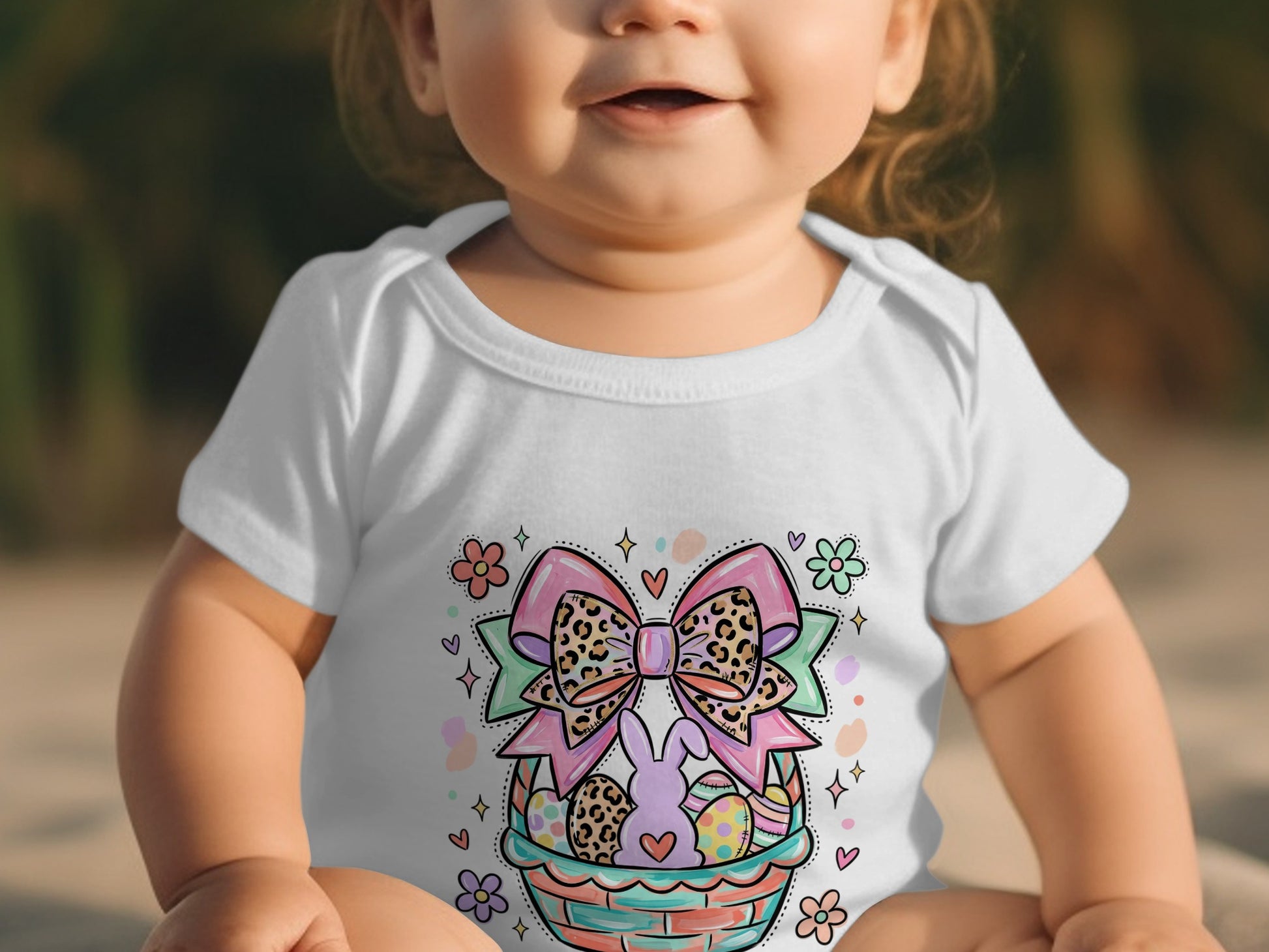 Baby in white onesie with Easter basket and bow graphic.