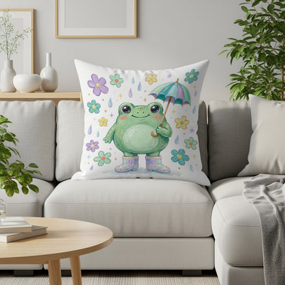 Cute frog in rain boots holding umbrella with colorful flowers and raindrops.