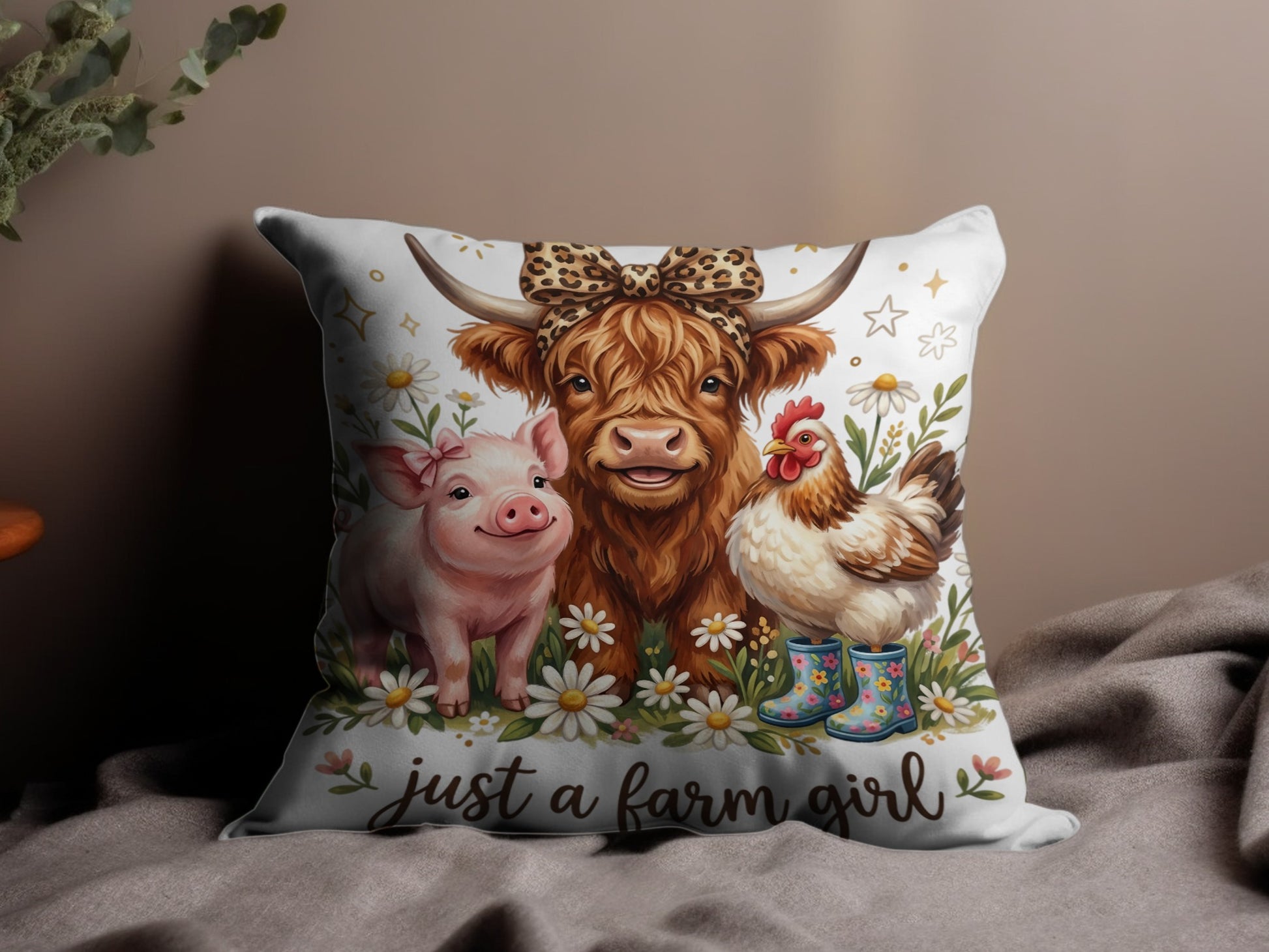 Cartoon pig, cow with leopard bow, and chicken in boots on floral background with text.