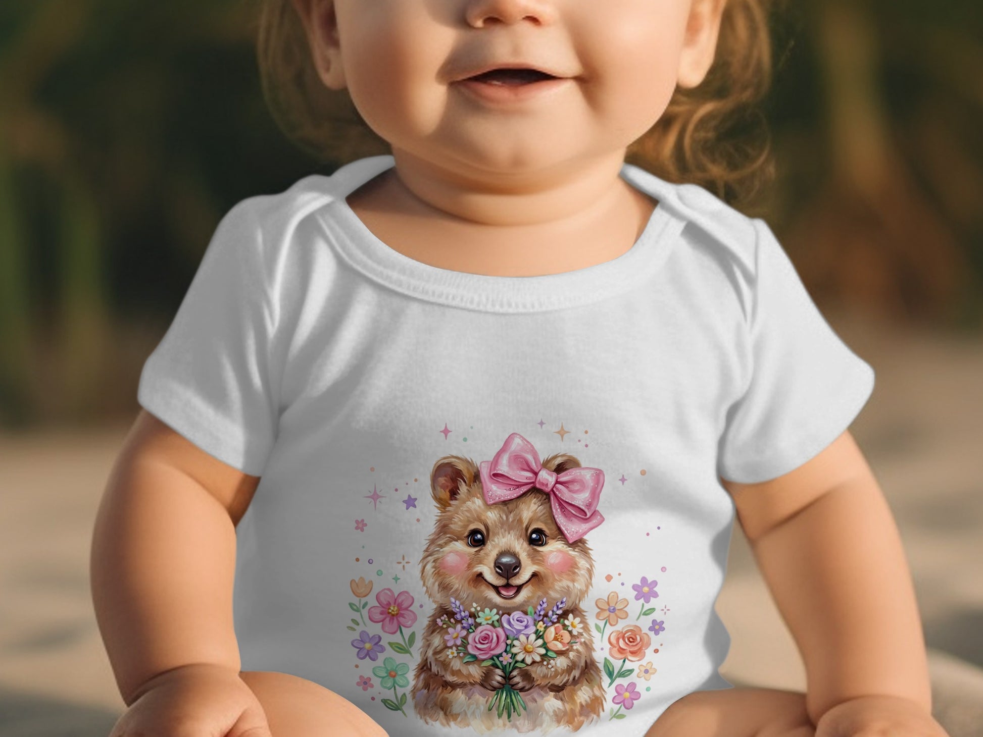 Baby in white onesie with floral-adorned teddy bear graphic and pink bow.