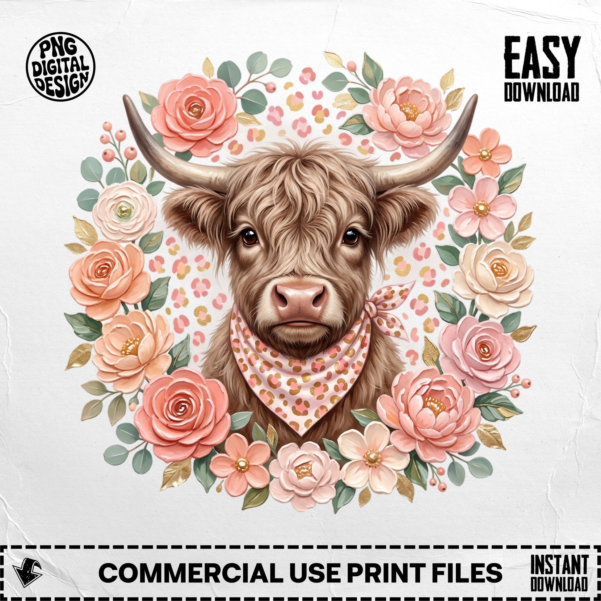 Highland cow with floral wreath and bandana, "Easy Download" text.